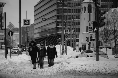 2 people walking in the snow grayscale images
